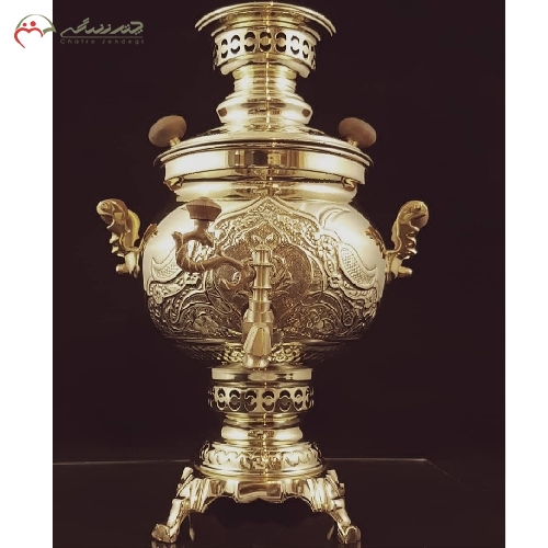 خرید، قیمت و مشخصات سماور ذغالی 4 لیتری با بدنه ی برنجی و آبکاری شده، بدنه ی قلم زنی شده ی دست با ضمانت یک ساله - چترزندگی