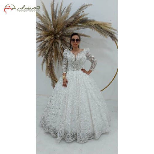 خرید، قیمت و مشخصات لباس عروس طرح شاین اشگی، یقه پله ایبدون و زونیکس دامن چین دار، زیر قیمت بازار _ چترزندگی