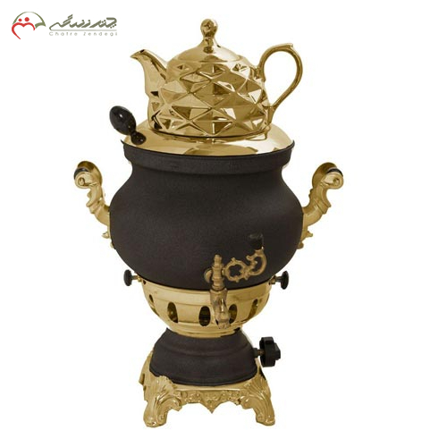 خرید، قیمت و مشخصات سماور گازی 6 لیتری گلستان مدل ماریا رنگ پودری حرارتی مشکی _ طلایی ارزان و با کیفیت _ چترزندگی