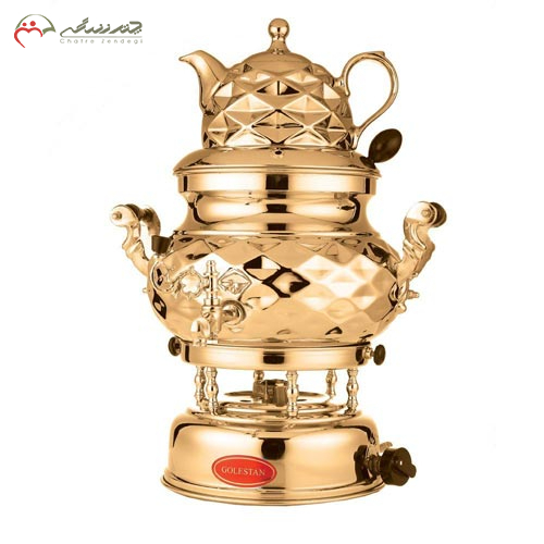 خرید، قیمت و مشخصات سماور 8 لیتری  سه کاره گازی گلستان مدل لوکس مشبکی، کروم و طلایی ارزان و با کیفیت _ چترزندگی