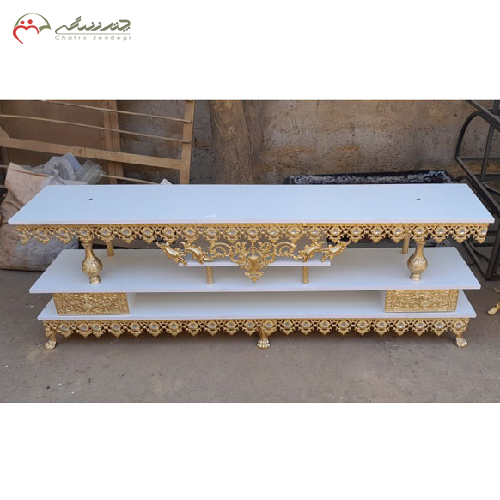 خرید، قیمت و مشخصات میز تلویزیون آبکاری آلومینیوم دو کشو شش پایه مدل دو طبقه، ارزان و با کیفیت _ چترزندگی