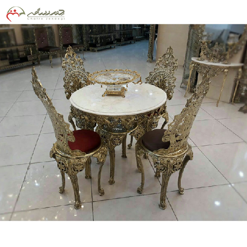 خرید، قیمت و مشخصات میز ناهار خوری گرد چهار نفره برنزی با آبکاری درجه یک مدل تاج دار، ارزان و با کیفیت _ چتر زندگی