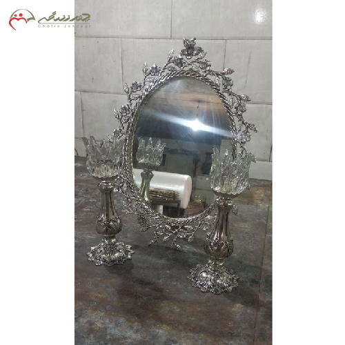خرید، قیمت و مشخصات ست آینه بیضی و شمعدان برنزی، با حاشیه گل، ارزان و با کیفیت _ چتر زندگی