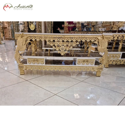 خرید، قیمت و مشخصات میز ال سی دی آنتیک و جدید جنس ام دی اف و برنزی طرح طاووس و گل لاله برجسته زیر قیمت | چترزندگی