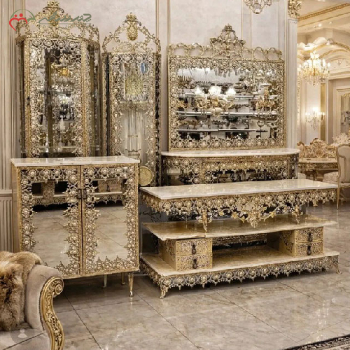 خرید، قیمت و مشخصات سرویس برنزی شامل آینه کنسول، میز تلویزیون، جاکفشی، بوفه و ساعت ایستاده _ چترزندگی