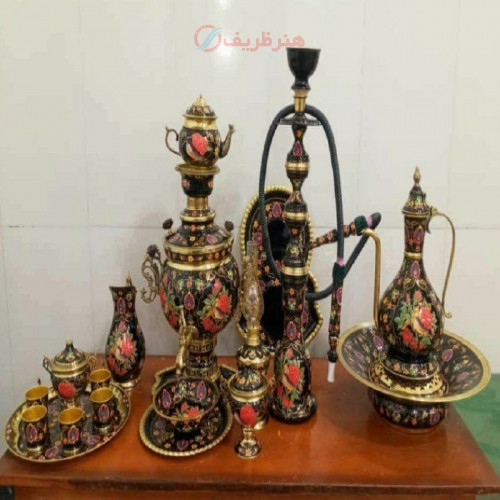 خرید آنلاین، سرویس کامل سماور، آفتابه لگن، قلیان و چایخوری 5 تکه کاملا برنجی همراه میناکاری کار دست، زیر قیمت بازار | چترزندگی