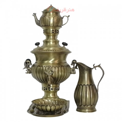 خرید، قیمت و مشخصات سرویس سماور زغالی 5 پارچه برنجی، مدل استکانی، ظرفیت 4 لیتر _ هنرظریف