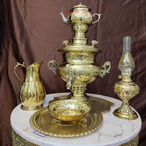 خرید آنلاین، سرویس 6 پارچه سماور 4 لیتری زغالی برنجی، ورق ضخیم با کیفیت عالی | چترزندگی
