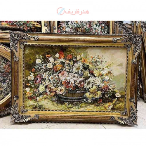 خرید تابلو فرش دستبافت، تابلو فرش دستبافت، گل گلدان چله ابریشم پر از ابریشم 50 رج، زیر قیمت بازار _ هنرظریف