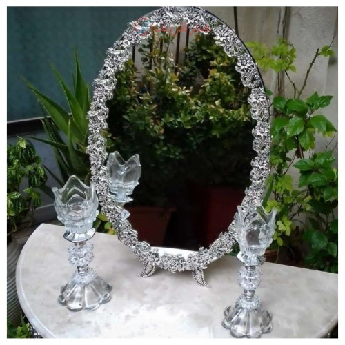 خرید آنلاین، سرویس آینه و شمعدان آلیاژ، روکش نقره، با رنگ ثابت تضمینی، مناسب سفره عقد و هفت سین _ هنرظریف