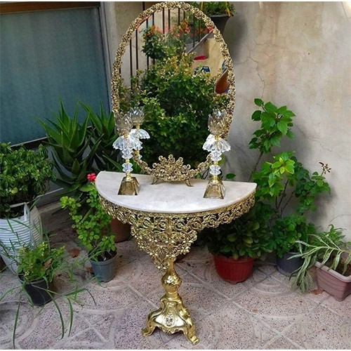 خرید آنلاین، ست کامل آینه شمعدان و میز کنسول آلیاژ، در دو رنگ طلایی و نقره ای با رنگ ثابت و کیفیت بالا _ هنرظریف