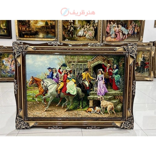 خرید، قیمت و مشخصات تابلو فرش دستبافت بدرقه عروس، چله ابریشم، قاب باکیفیت و دستساز، به قیمت بافنده اصل تبریز _ هنرظریف