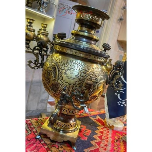خرید آنلاین، سرویس سماور شش لیتری توپی دسته توری، طرح قلم پایه مربع بزرگ، ورق ضخیم، باکیفیت درجه یک _ هنرظریف