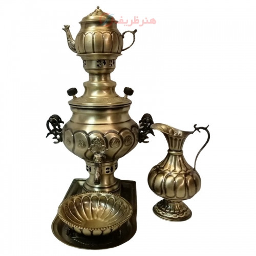 خرید، قیمت و مشخصات سرویس سماور ذغالی 5 پارچه برنجی مدل گل، ظرفیت 3 لیتر زیر قیمت بازار _ هنرظریف