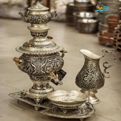 خرید ، قیمت و مشخصات سماور تزئینی برنجی قلمزنی سیاه قلم آبکار پتینه نقره پوشش کوره ای | چترزندگی