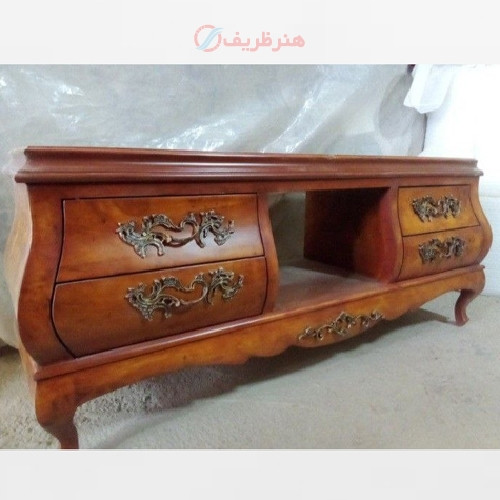خرید، قیمت و مشخصات میز تلویزیون معرق، چوب روس و رنگ پولیش شده دارای ضمانت و رنگبندی _ هنرظریف