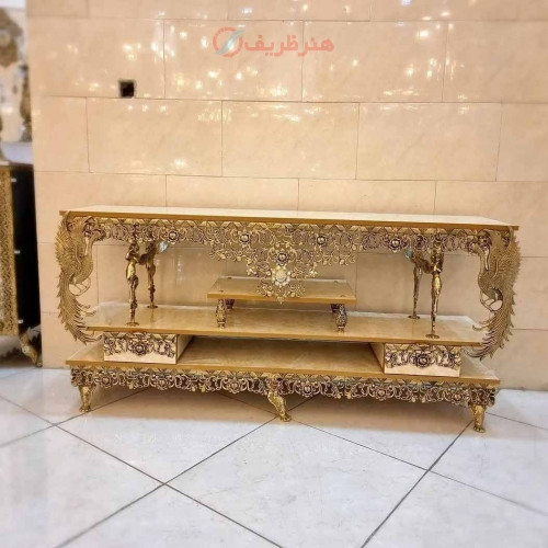 خرید، قیمت و مشخصات میز تلویزیون برنجی مدل طاووس، برنج اصل، بسیار زیبا و شیک، با کیفیت و ماندگار _ هنرظریف