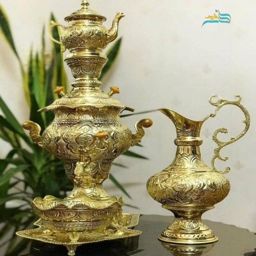 مشخصات کامل سرویس سماور زغالی برنجی 3.5 لیتری سیاه قلم آبکاری شبه طلا کاملاً دست ساز | چترزندگی