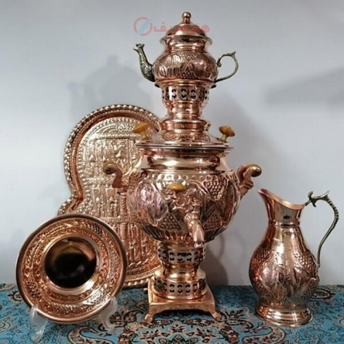 خرید، قیمت و مشخصات سرویس سماور زغالی مسی 5 پارچه ظرفیت ۴ لیتر زیر قیمت بازار،  کیفیت عالی _ هنرظریف
