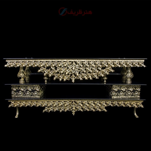 خرید، قیمت و مشخصات میز تلویزیون منحنی طرح یاس تاجدار، بدنه آلومینیوم و رنگ طلایی _ هنرظریف