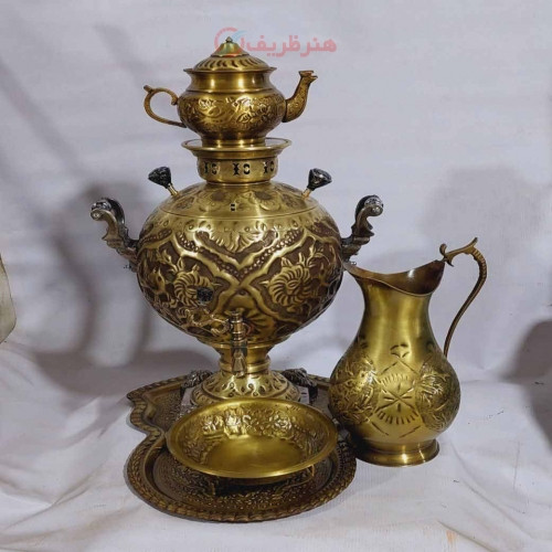 خرید، قیمت و مشخصات سماور برنجی 6 لیتری زغالی، جهان نما قلم زنی گل و مرغ ،آنتیک ست کامل، بسیار زیبا و با ورق ضخیم | هنرظریف