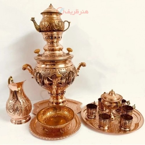 خرید آنلاین، سرویس سماور 4 لیتری مسی همراه با چایخوری، سیاه قلمی تک با طرحی چشم گیر، زیر قیمت بازار | چترزندگی