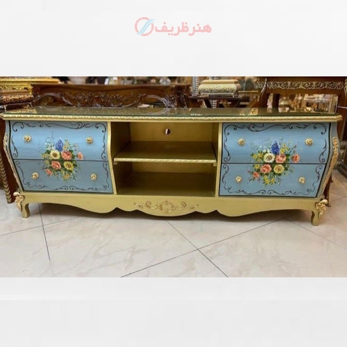 خرید، قیمت و مشخصات میز تلویزیون معرق کاری با بدنه طراحی شده و رنگ طلایی پولیشی، دارای گارانتی رنگ _ هنرظریف
