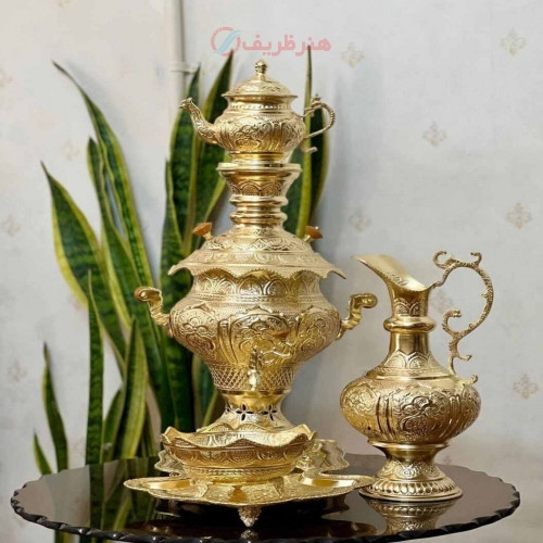 خرید آنلاین، سرویس سماور 5 لیتری زغالی و برقی برنجی اعیانی، با ضخامت ورق 1.25 میل، قلم زنی با ظرافت، زیر قیمت بازار | چترزندگی