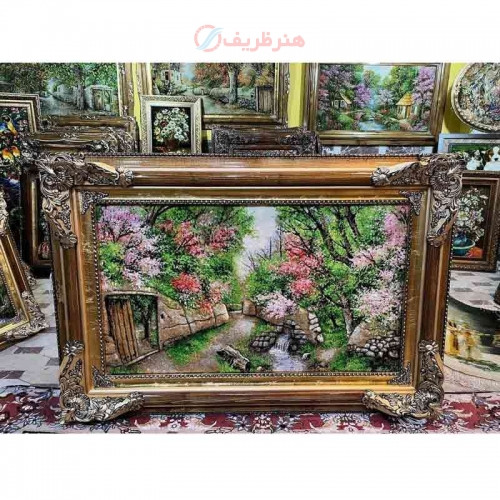 خرید، تابلو فرش دستبافت، تابلو فرش دستبافت کوچه باغ چله ابریشم نخ پر از ابریشم، زیر قیمت بازار _ هنرظریف