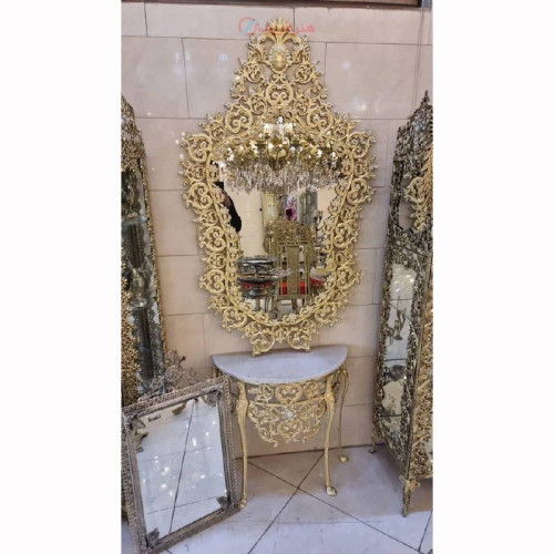 خرید، قیمت و مشخصات آینه کنسول تاجدار با طراحی خاص و جدید رنگ ثابت و روکش برنز محصول اصفهان _ هنرظریف