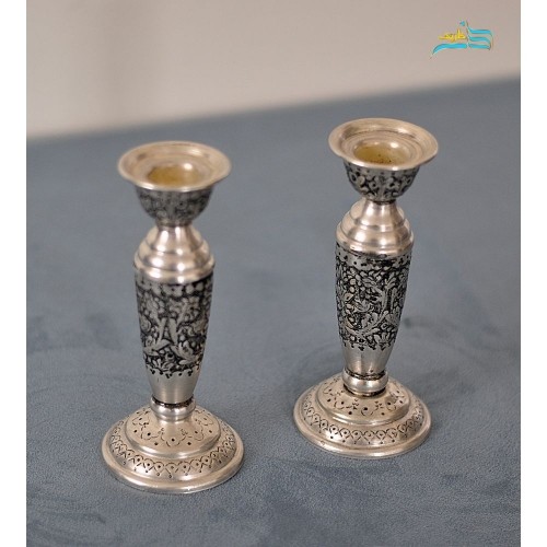 خرید آنلاین، شمعدانی قلم زنی اعلاء با روکش نقره کوره ای بدون تغییر رنگ، سیاه قلم خاص، زیر قیمت بازار | چترزندگی