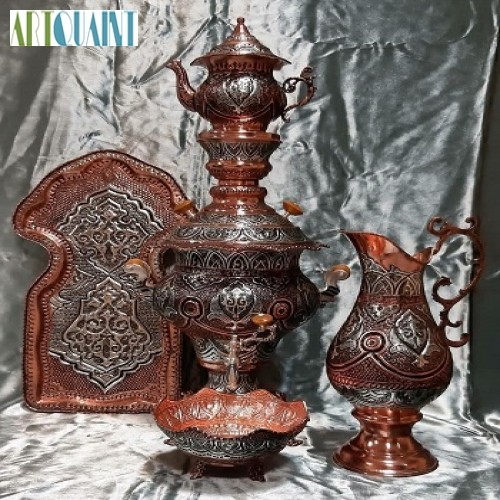 خرید آنلاین، سرویس کامل سماور قلمکاری مس و آب نقره، با ثبات رنگ در طول زمان، زیبایی چشم نواز، زیر قیمت بازار | چترزندگی