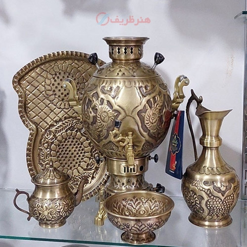 خرید، قیمت و مشخصات سرویس کامل سماور گازی مدل جهان نما حجم 6 لیتری قلمزنی گل و مرغ بسیار با کیفیت زیر قیمت بازار _ هنرظریف