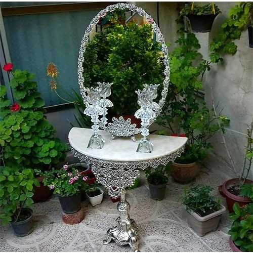 خرید آنلاین، سرویس کامل آینه و شمعدان و میز کنسول آلیاژ، گل مینا نقره ای، زیر قیمت بازار با رنگ ثابت _ هنرظریف