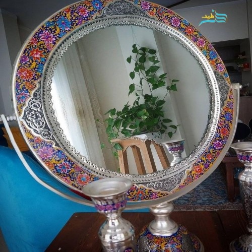 خرید آنلاین، آینه شمعدان برنجی روکش نقره سفارشی ساز، با قلمزنی ظریف و خاص، ماندگاری رنگ، با قیمتی مناسب | چترزندگی