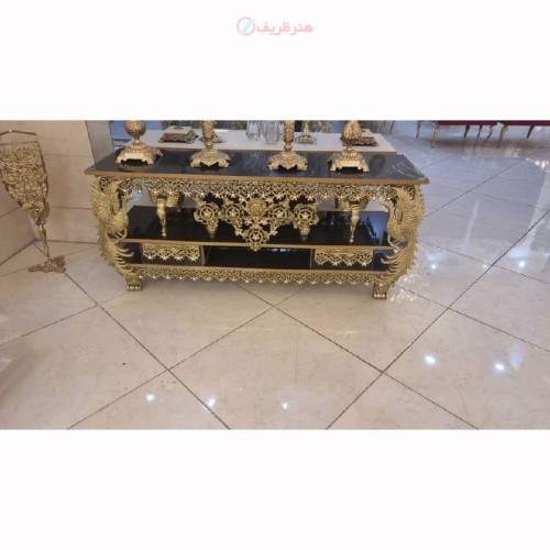 خرید، قیمت و مشخصات میز تلویزیون دو کشو تاجدار، بسیار زیبا و خاص با کیفیت اعلاء و روکش برنز و رنگ ثابت محصول اصفهان _ هنرظریف