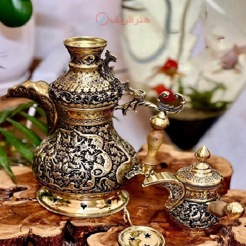 خرید، قیمت و مشخصات دله ذغالی به همراه قوری و جنس برنجی قلم زنی گل و مرغ طراحی عالی و جدید _ هنرظریف