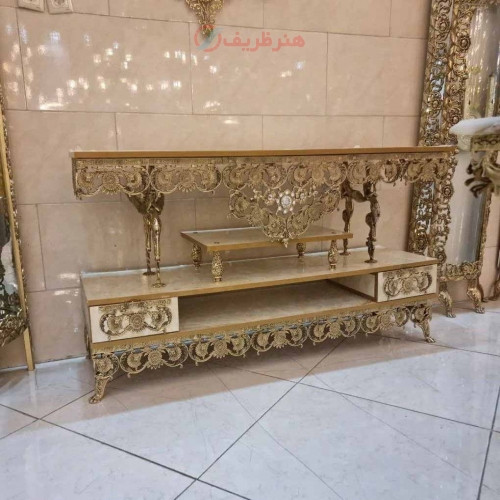 خرید، قیمت و مشخصات میز تلویزیون برنزی مدل پیچک، بسیار زیبا و شیک، برنز درجه 1، ورق ضخیم، با کیفیت و ماندگار _ هنرظریف