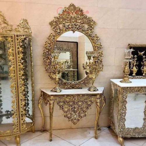 خرید، قیمت و مشخصات میز آینه شمعدان آلومینیومی با روکش برنز، با ورق ضخیم، طرح گل یاس، زیبا و شیک، با ضمانت با کیفیت بودن _ هنرظریف