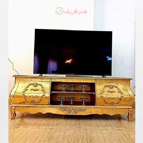 خرید، قیمت و مشخصات میز تلویزیون معرق، رنگ طلایی درجه یک و طراحی به روز، دارای ضمانت و کیفیت رنگ محصول _ هنرظریف