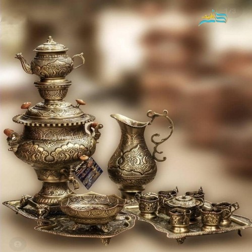 خرید، قیمت و مشخصات سرویس سماور 4 لیتری برنجی و چایخوری ریز قلم آنتیک شده با ضمانت | چترزندگی