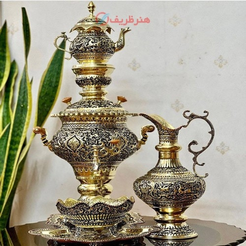 خرید، قیمت و مشخصات سرویس سماور برنجی 6 لیتری اعیانی، ذغالی و دارای پوشش محافظ رنگ زیر قیمت بازار _ هنر ظریف