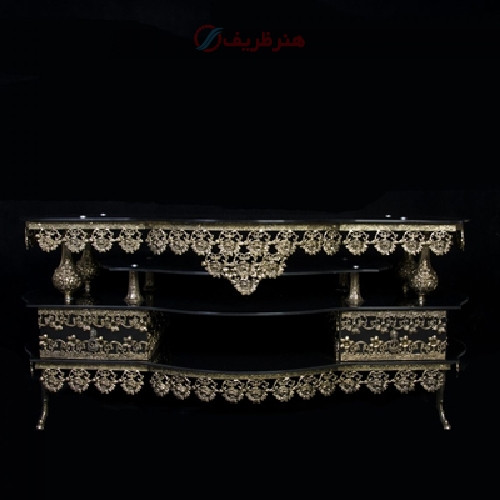 خریدف قیمت و مشخصات میز تلویزیون سه هلالی کوچک طرح رز تاج دار با جنس برنزی و پرداخت کاری شده _ هنرظریف