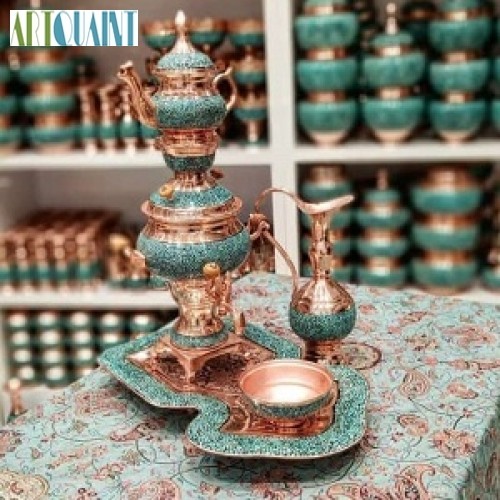 خرید آنلاین، سرویس سماور مس و فیروزه، فیروزه اصل نیشابور، با کیفیت عالی و به همراه ضمانت، با نقش و نگاری بسیار زیبا و چشم نواز، زیر قیمت بازار | چترزندگی