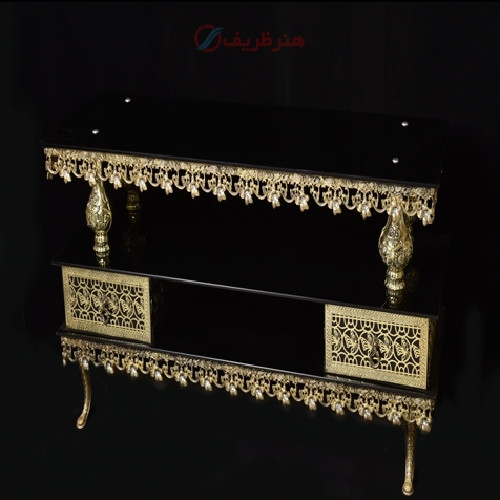 خرید، قیمت و مشخصات میز تلویزیون برنزی رنگ طلایی ثابت، طراحی شکیل و شیک | هنرظریف