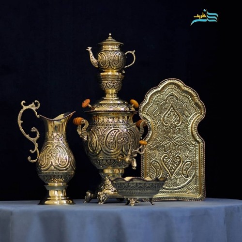 سرویس سماور 4 لیتری برنجی قلمزنی، سیاه قلمی پر کار و ظریف  | چترزندگی