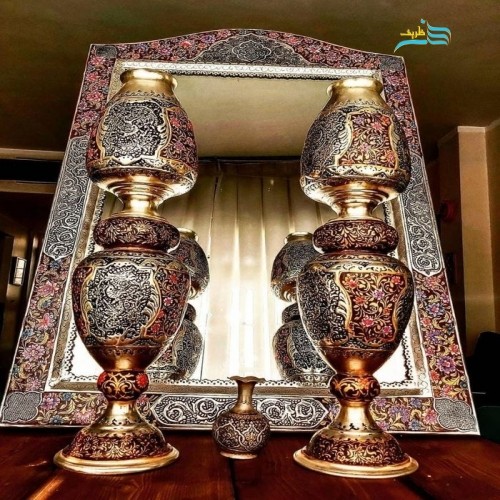 آینه شمعدان برنجی ریز قلم روکش نقره، ریز نقش و زیبا بدون تغییر رنگ | چترزندگی
