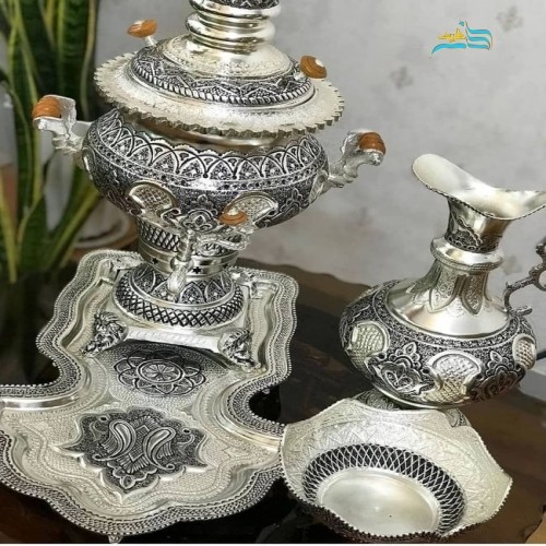سرویس5 لیتری سماور زغالی برنجی با آبکاری نقره، ثبات رنگ همراه با روکش کوره ای