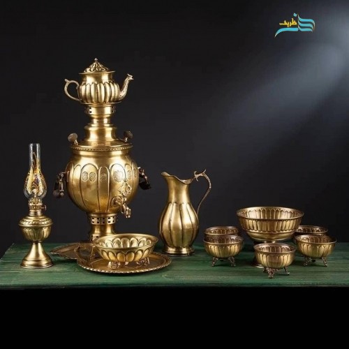 سرویس سماور برنجی ٣ لیتری با طرح خطی، بدون تغییر رنگ همراه با روکش نانو | چترزندگی