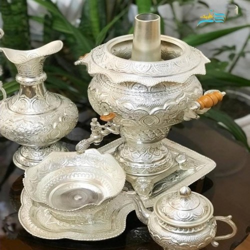 سرویس سماور ٣.٥ لیتری آبکاری نقره با روکش کوره ای با کیفیتت بالا، ماندگاری رنگ، ریز نقش و زیبا